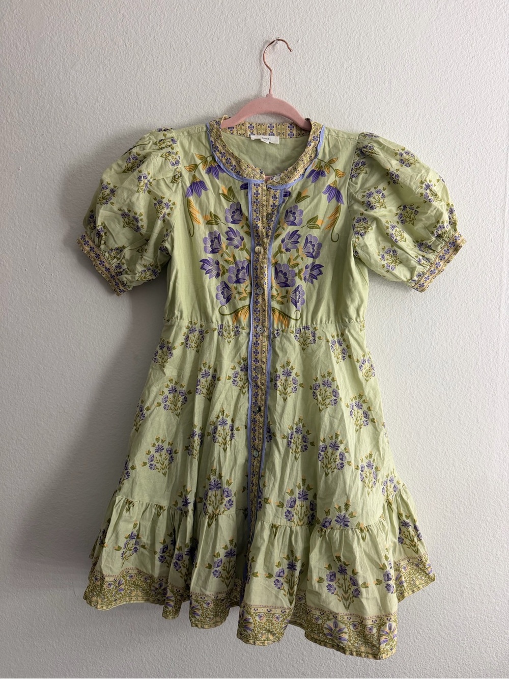 A Loves A Youth Girls Light Sage Green Floral Puff-Sleeve Dress Size Large